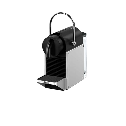 Front view of Pixie Aluminum Espresso Machine For Capsule Coffee Lovers, Compact DeLonghi Brewer, black and silver aluminum body.