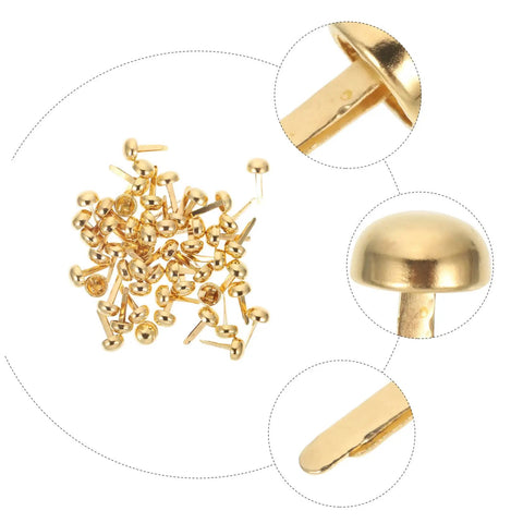 Close-up of 100 Piece Decorative Tacks And Miniature Nails For DIY Crafting, featuring golden finish and durable design for various projects.