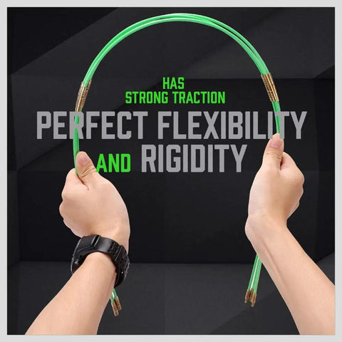 Hands bending 11 Ft Fiberglass Electrical Fish Tape Kit With Coaxial Cable, Glow Rods, Brass Connectors, Magnetic Link, And Push Pull Rods