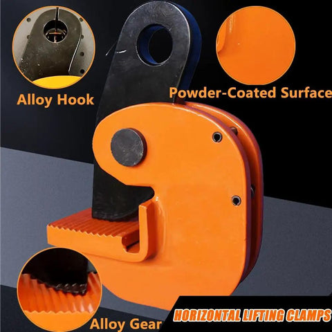 Top Shelf Horizontal Plate Lifting Clamp For Steel And Stone With 5 Ton Capacity Knockout Grip System close-up showing alloy hook and powder-coated surface.