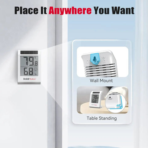 Solar Powered 2.2 Inch Digital Thermometer And Humidity Monitor No-Fuss Indoor Temperature And Humidity Gauge For Baby Rooms, Bedrooms, Home Office, And Wine Cellars White 2 Pack wall mount and table standing