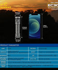 EC300 2600 Lumen Rechargeable LED Flashlight With Red Green Blue White RGB Flood Beam next to smartphone with product specifications