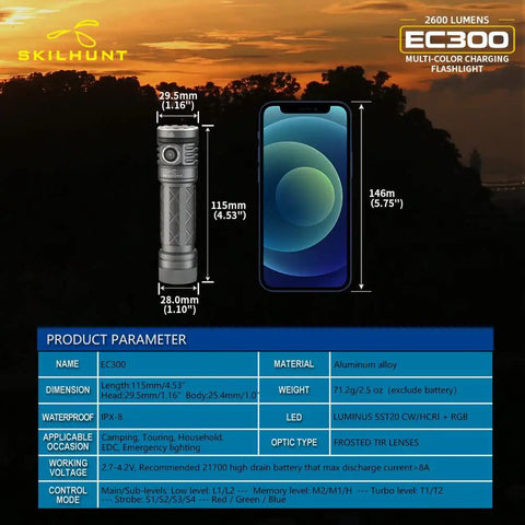 EC300 2600 Lumen Rechargeable LED Flashlight With Red Green Blue White RGB Flood Beam next to smartphone with product specifications