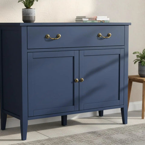 Blue cabinet with Two Piece Vintage Drop Bail Dresser Handles, Bronze Antique Cabinet Pulls For Cabinets And Dressers, 4.9 Inch Length