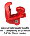 Universal Trailer Coupler Lock With Bright Red Finish For Maximum Theft Deterrence Anti Pick And Pry Resistant Rust And Corrosion Guard Quick Easy Install Fits One And Seven Eighths Inch Two Inch And Two And Five Sixteenths Inch Couplers, side view.