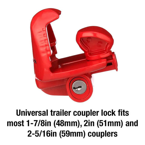 Universal Trailer Coupler Lock With Bright Red Finish For Maximum Theft Deterrence Anti Pick And Pry Resistant Rust And Corrosion Guard Quick Easy Install Fits One And Seven Eighths Inch Two Inch And Two And Five Sixteenths Inch Couplers, side view.