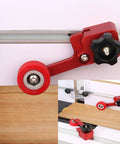 Dang Tough Bearing Roller Featherboards Precision Stock Guides Feed Steady On Table Saw Router And Band Saw Top Shelf Aluminum Woodworking Safety Accessory In Bold Red close-up on aluminum track with roller guide