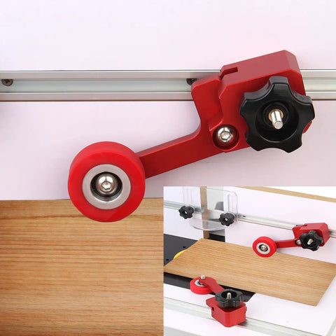 Dang Tough Bearing Roller Featherboards Precision Stock Guides Feed Steady On Table Saw Router And Band Saw Top Shelf Aluminum Woodworking Safety Accessory In Bold Red close-up on aluminum track with roller guide