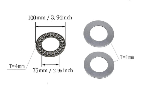 Heavy Duty Thrust Needle Roller Bearing Set With Two Washers, ID 75mm, OD 100mm, 4mm Wide, diagram showing dimensions
