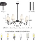 Diagram of Eight Light Black Farmhouse Chandelier With White Linen Shades showing dimensions, rods, and E12 bulb compatibility.