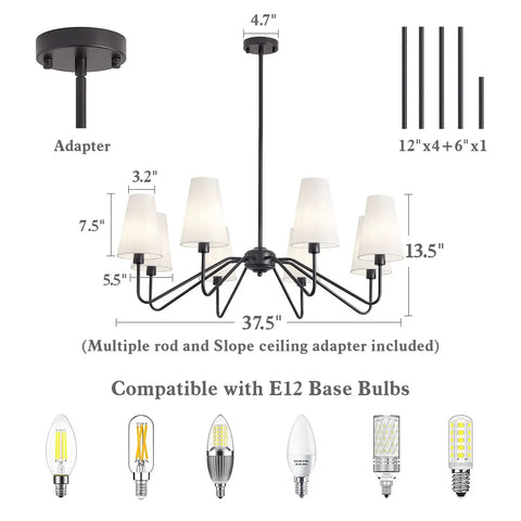 Diagram of Eight Light Black Farmhouse Chandelier With White Linen Shades showing dimensions, rods, and E12 bulb compatibility.