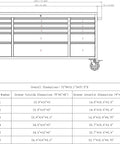 Technical drawing of a 72 Inch Rolling Tool Cabinet Chest With 15 Drawers And Lockable Storage On Wheels For Garage And Workshop Stainless Steel 2 Pack Heavy Duty Mobile Workbench, showing dimensions and structure.