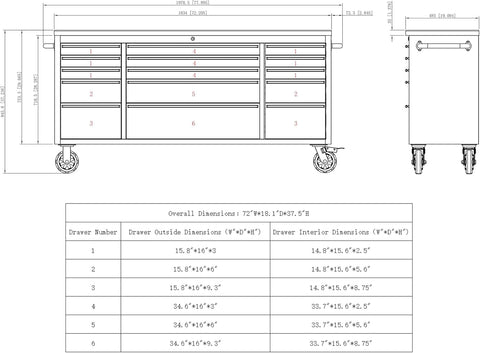 Technical drawing of a 72 Inch Rolling Tool Cabinet Chest With 15 Drawers And Lockable Storage On Wheels For Garage And Workshop Stainless Steel 2 Pack Heavy Duty Mobile Workbench, showing dimensions and structure.