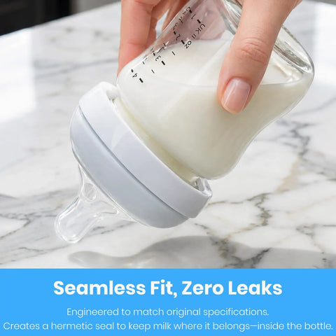 Rock Solid Replacement Collar Rings For Baby Bottles secure screw lids sealing 4 oz bottle with milk, BPA free, preventing leaks.