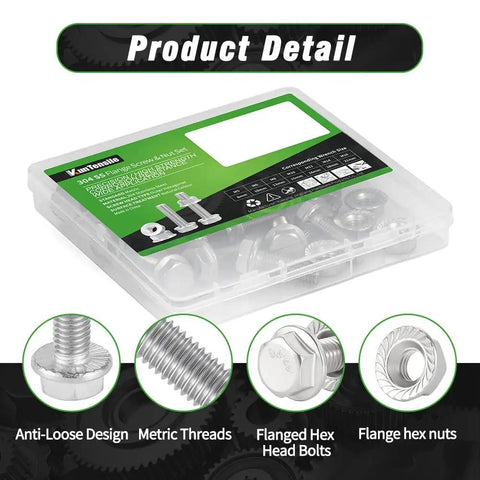 Premium M5x12mm Flange Hex Bolts And Nuts Kit Featuring 304 Stainless Steel Metric Screws 20 Pack in a clear storage case.