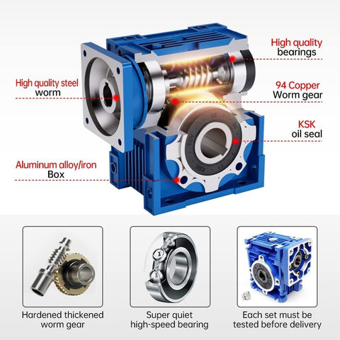 NMRV030 40 To 1 Worm Gear Reducer Square Output 14mm Shaft with highlighted features for CNC machines and automation.