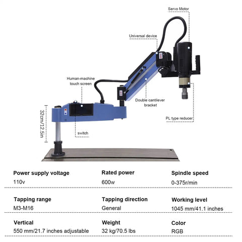 Rock Solid Electric Servo Tapping Machine M3 To M16 Nails Any Thread In One Shot With 360 Degree Universal Head 600W Motor adjustable for various materials.
