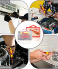 Heavy Duty 1000V Insulated Electrician Tool Set, 5 In 1 Pro Screwdriver Kit being used in automotive repair and air conditioning tasks.