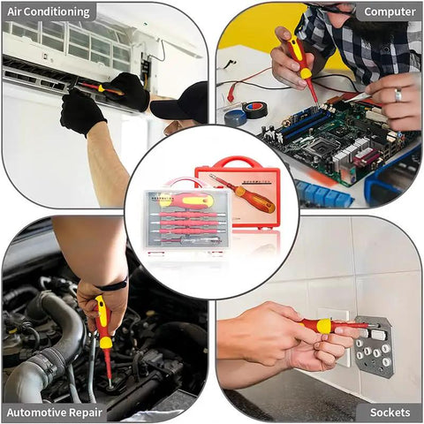 Heavy Duty 1000V Insulated Electrician Tool Set, 5 In 1 Pro Screwdriver Kit being used in automotive repair and air conditioning tasks.