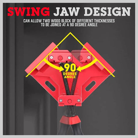 Swing jaw design of Premium Aluminum Single Handle Corner Clamp For Woodworking, joining wood at 90 degrees.