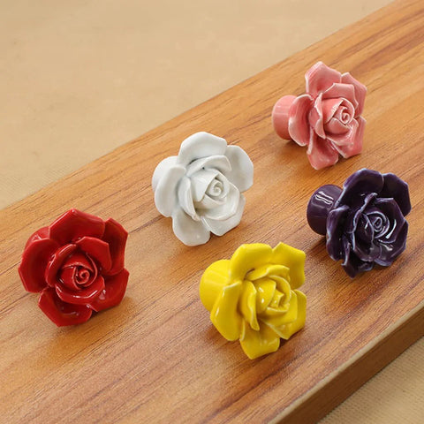 Colorful ceramic rose knobs on wood, including 12 Pack Purple Rose Ceramic Knobs For Cabinets And Dressers Rose Flower Vintage Style Pulls