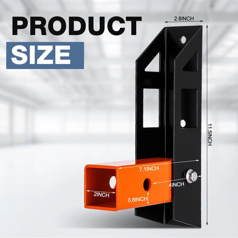 Beefy Steel Hitch Wall Mount Foldable Garage Saver For 2 Inch Receiver dimensions, 11.5x2.8x7.1 inches, with orange and black parts.