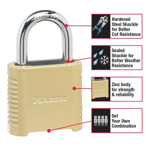 Heavy Duty Outdoor Combination Lock 875D Brass Finish, Weatherproof, Easy Grip Dial, Durable Steel Construction, product features