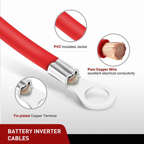 Heavy Duty 6 AWG 20 Inch Battery Power Inverter Cables Set With Tin Plated Copper Terminals And Three Eighth Inch Lugs