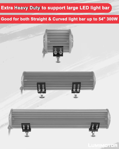 2 Pack Universal Light Bar Mount Brackets Adjustable For LED Pods And Cube Lights Fits Most Single Dual And Triple Row Light Bars Up To 54 Inches Off Road Ready With 2 Year Warranty shown with three light bars in various views.