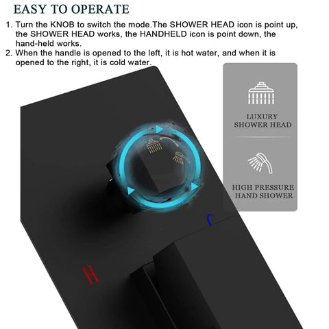 Control knob of Matte Black All-In-One Shower System with LED indicator for rain head and handheld spray mode, wall mounted