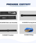 Beefy Heavy Duty Brake Drum And Rotor Puller For Removing Brake Drums Rotors Drive Wheels Gears Flywheels And Pulleys With Hardened Steel Construction And Reinforced Arms For Smooth Damage Free Time Saving Vehicle Repairs parts kit shown with puller jaws, forcing screw, crossbar, and strap