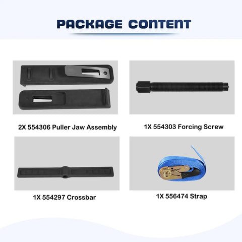 Beefy Heavy Duty Brake Drum And Rotor Puller For Removing Brake Drums Rotors Drive Wheels Gears Flywheels And Pulleys With Hardened Steel Construction And Reinforced Arms For Smooth Damage Free Time Saving Vehicle Repairs parts kit shown with puller jaws, forcing screw, crossbar, and strap