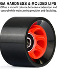 Single 58mm x 39mm 95A indoor quad roller skate wheel, black with red core, showing double row ABEC 9 bearings installation detail