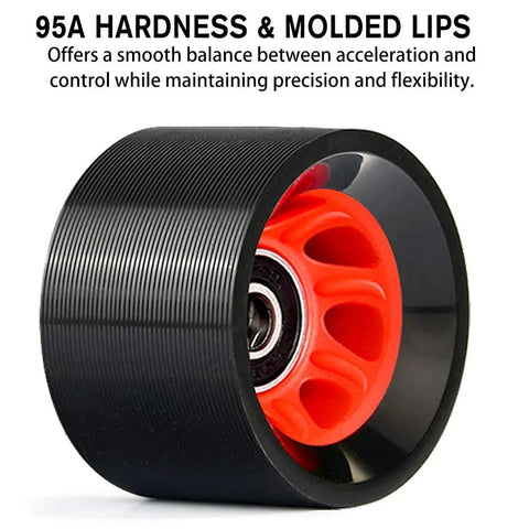 Single 58mm x 39mm 95A indoor quad roller skate wheel, black with red core, showing double row ABEC 9 bearings installation detail