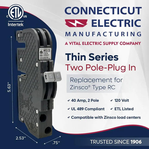Two Pole 40 Amp Thin Series Molded Case Circuit Breaker Replacement For Electrical Panels 120 240 Volt Plug In Type