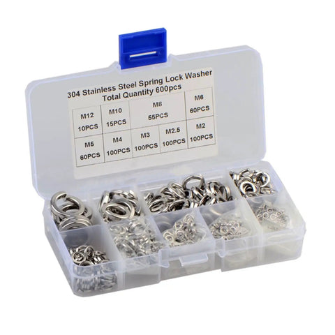 600Pcs 304 Stainless Steel Spring Split Lock Washer Assortment Set M2 M2.5 M3 M4 M5 M6 M8 M10 M12 For Screws And Nuts Heavy Duty Vibration Resistant Hardware Kit in storage case