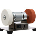 Slick Little Mini Belt Sander And Bench Grinder With 96 Watt Copper Motor For Smooth Knife And Tool Sharpening Adjustable Speed Home Wood And Metal Workshop Knockout Gem showing dual wheel design and 96W motor.