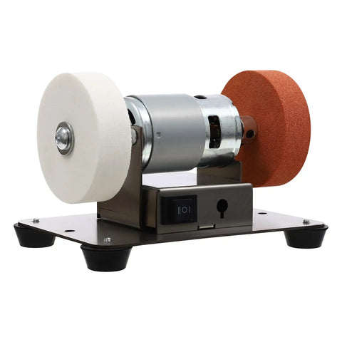 Slick Little Mini Belt Sander And Bench Grinder With 96 Watt Copper Motor For Smooth Knife And Tool Sharpening Adjustable Speed Home Wood And Metal Workshop Knockout Gem showing dual wheel design and 96W motor.