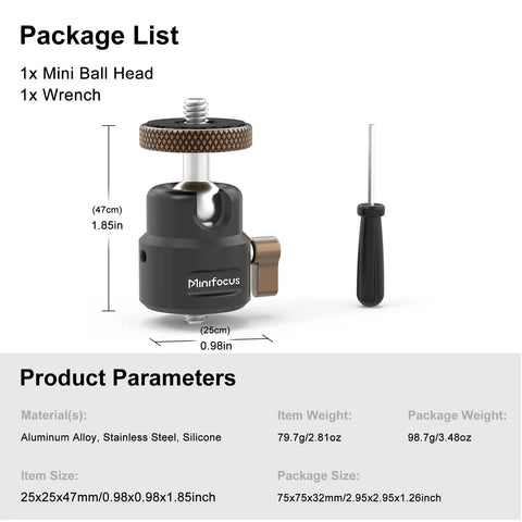 All Metal CNC Built One Quarter Inch Swivel Mini Ball Head Tripod Mount With 360 Degree Rotation And 125 Degree Tilt For Camera Cages, Compatibility With Super Clamps, Suction Cup Mounts, Magnetic Bases, And A Max Load Of 11 Lb. with wrench