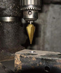 Beefy Six Piece Countersink Step Drill Bit Set With Automatic Center Punch HSS Cobalt Titanium Drill Bits in use on metal