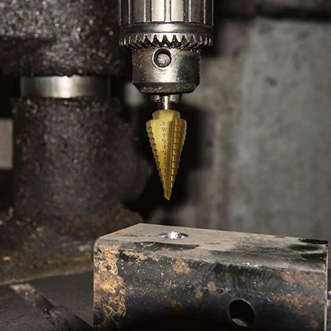 Beefy Six Piece Countersink Step Drill Bit Set With Automatic Center Punch HSS Cobalt Titanium Drill Bits in use on metal
