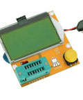 LCR T4 All In One Handy DIY Friendly Component Tester Kit showing green backlit LCD display and test socket with components