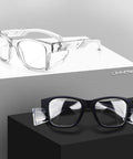 Clear and black anti fog safety glasses with side shields, designed for work and home, ANSI Z87.1 rated, with UV protection.