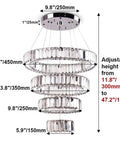 Four Ring LED Crystal Chandelier With Adjustable Ring Sizes, Sleek Stainless Steel Modern Ceiling Light, size details shown