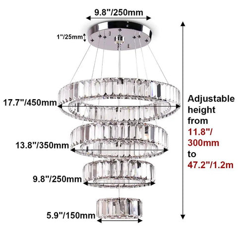 Four Ring LED Crystal Chandelier With Adjustable Ring Sizes, Sleek Stainless Steel Modern Ceiling Light, size details shown