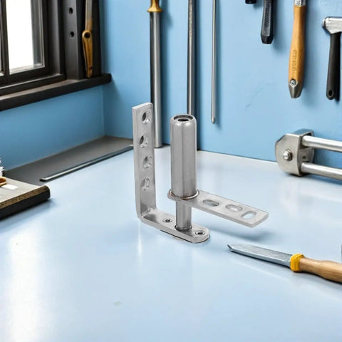 Double Swing Door Hinge Stainless Steel Self Closing Spring Hinge with tools in a workshop setting