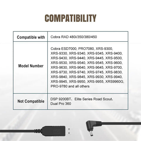 Compatibility chart for Power Cord For Cobra Radar Detectors USB Charger Cable Replacement For Cobra RAD 480i 350 380 450