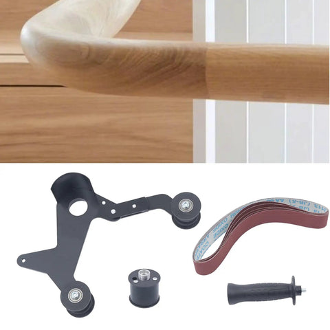 Premium Belt Sander Attachment For Angle Grinders Featuring Portable Pipe Polisher Grip Handle, includes belt and rollers.