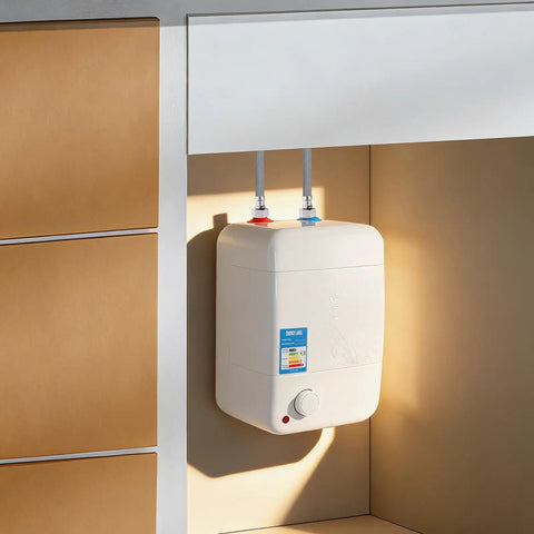 Compact Electric Hot Water Heater Featuring Instant Mini Storage Boiler 1500W sleek rectangular build mounted under kitchen sink.