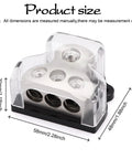 3 Way Car Power Distribution Block With One Zero Gauge In And 3x Four Gauge Out For Amp Grounding And Audio Wiring, clear cover, 58x48x30mm